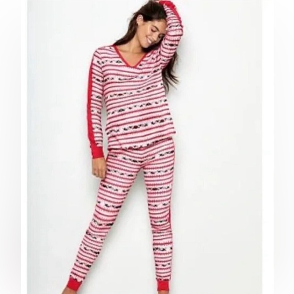 Victoria’s Secret Fireside Thermal Pajama Set 💗 Red & White - Picture 4 of 16